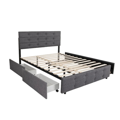 Queen Size Linen Button Tufted Platform Bed Frame with 2 Storage Drawers & Trundle