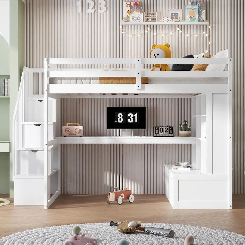 White Full Solid Wood Loft Bed with Desk & Drawers