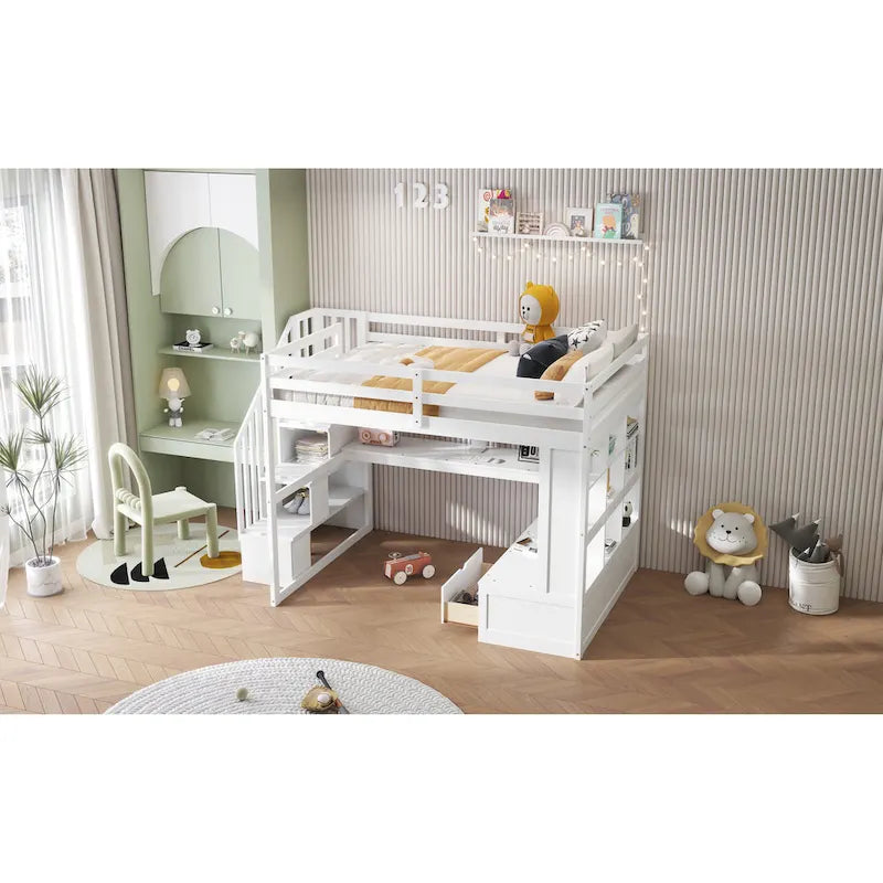 White Full Solid Wood Loft Bed with Desk & Drawers
