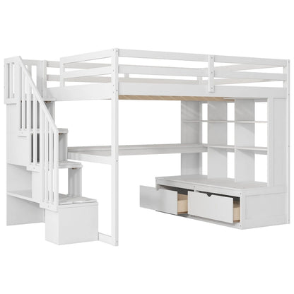 White Full Solid Wood Loft Bed with Desk & Drawers