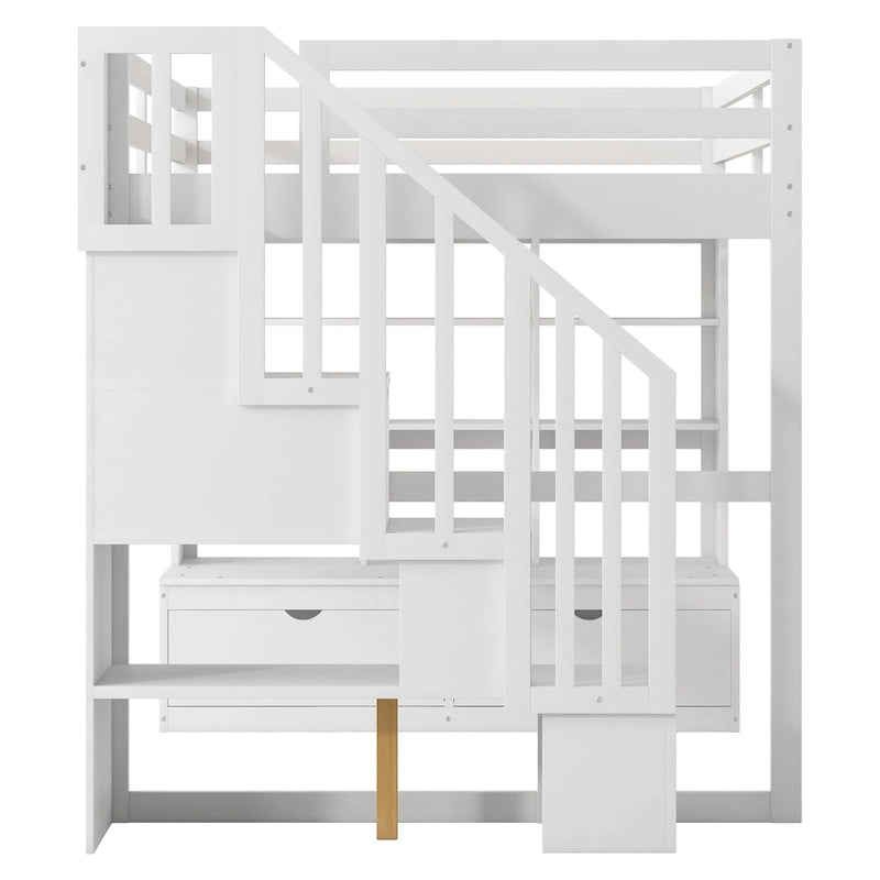 White Full Solid Wood Loft Bed with Desk & Drawers