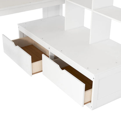 White Full Solid Wood Loft Bed with Desk & Drawers