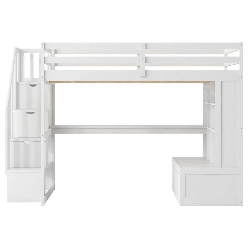 White Full Solid Wood Loft Bed with Desk & Drawers