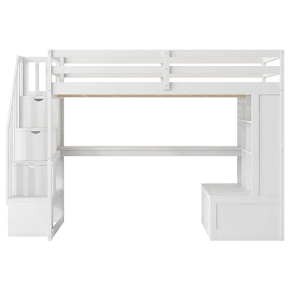 White Full Solid Wood Loft Bed with Desk & Drawers