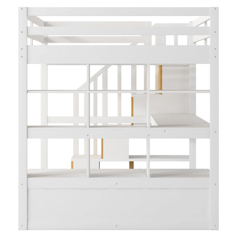 White Full Solid Wood Loft Bed with Desk & Drawers