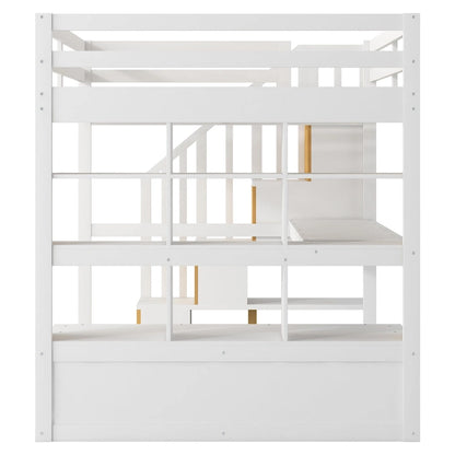 White Full Solid Wood Loft Bed with Desk & Drawers