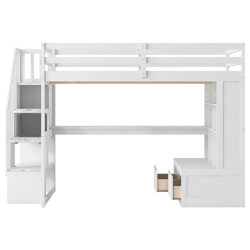 White Full Solid Wood Loft Bed with Desk & Drawers