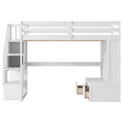 White Full Solid Wood Loft Bed with Desk & Drawers
