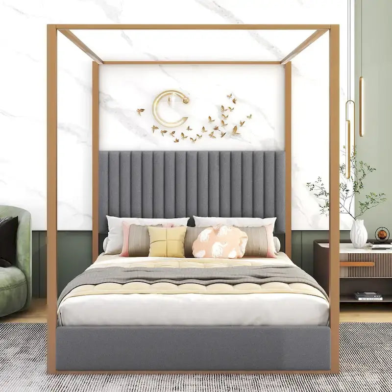 Queen Linen Canopy Bed with Headboard and Metal Frame