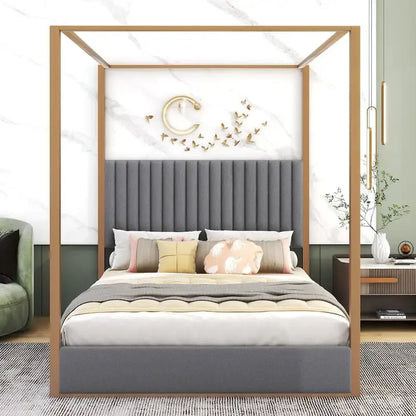Queen Linen Canopy Bed with Headboard and Metal Frame
