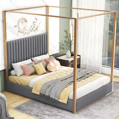 Queen Linen Canopy Bed with Headboard and Metal Frame