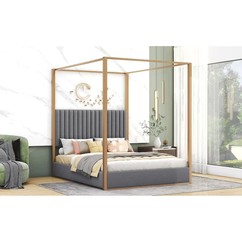 Queen Linen Canopy Bed with Headboard and Metal Frame