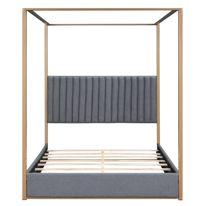 Queen Linen Canopy Bed with Headboard and Metal Frame