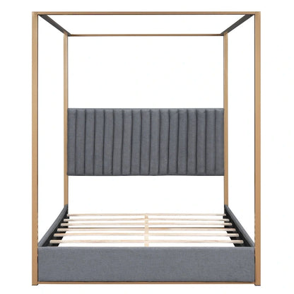 Queen Linen Canopy Bed with Headboard and Metal Frame