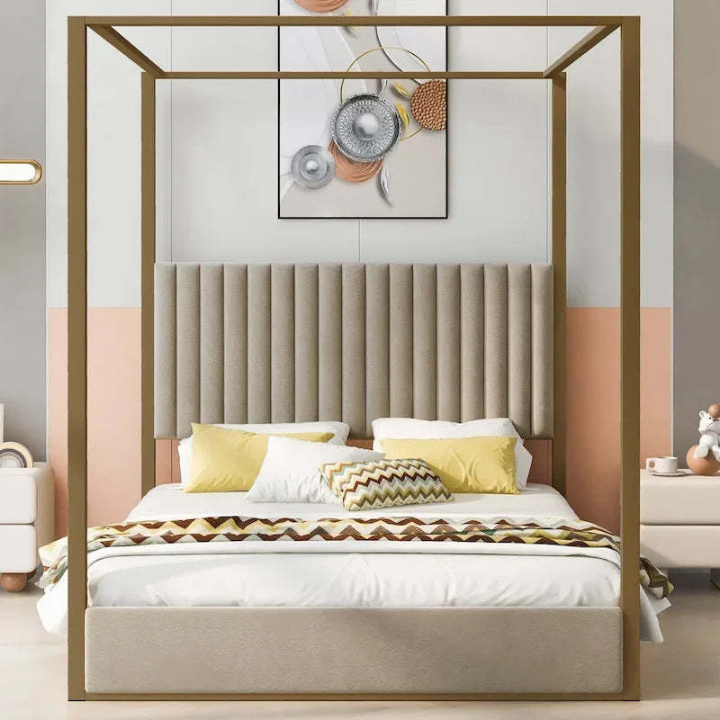 Queen Linen Canopy Bed with Headboard and Metal Frame