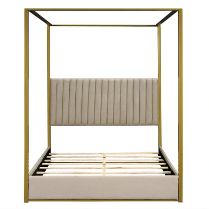 Queen Linen Canopy Bed with Headboard and Metal Frame