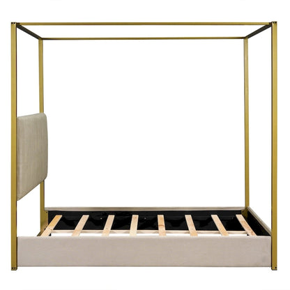 Queen Linen Canopy Bed with Headboard and Metal Frame