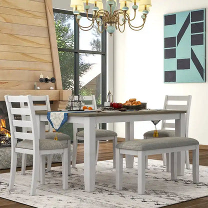 Brown+Whitewash 6-Piece Wooden Dining Table Set with Rectangular Table, 4 Chairs & Bench