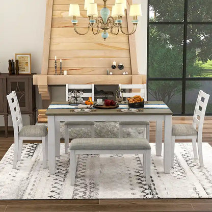 Brown+Whitewash 6-Piece Wooden Dining Table Set with Rectangular Table, 4 Chairs & Bench