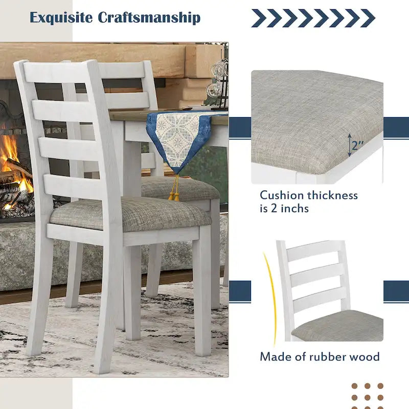 Brown+Whitewash 6-Piece Wooden Dining Table Set with Rectangular Table, 4 Chairs & Bench