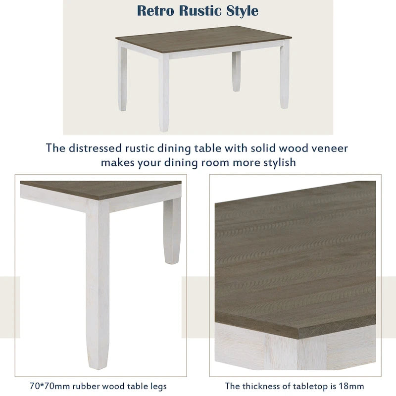 Brown+Whitewash 6-Piece Wooden Dining Table Set with Rectangular Table, 4 Chairs & Bench