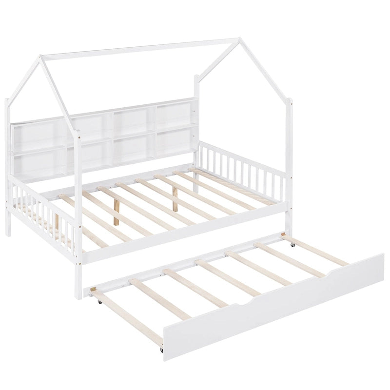 White Full Pine Kids House Platform Bed with Trundle, Shelf, and Roof