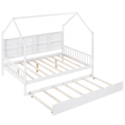 White Full Pine Kids House Platform Bed with Trundle, Shelf, and Roof