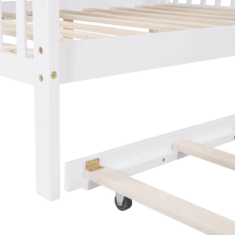 White Full Pine Kids House Platform Bed with Trundle, Shelf, and Roof