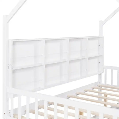 White Full Pine Kids House Platform Bed with Trundle, Shelf, and Roof