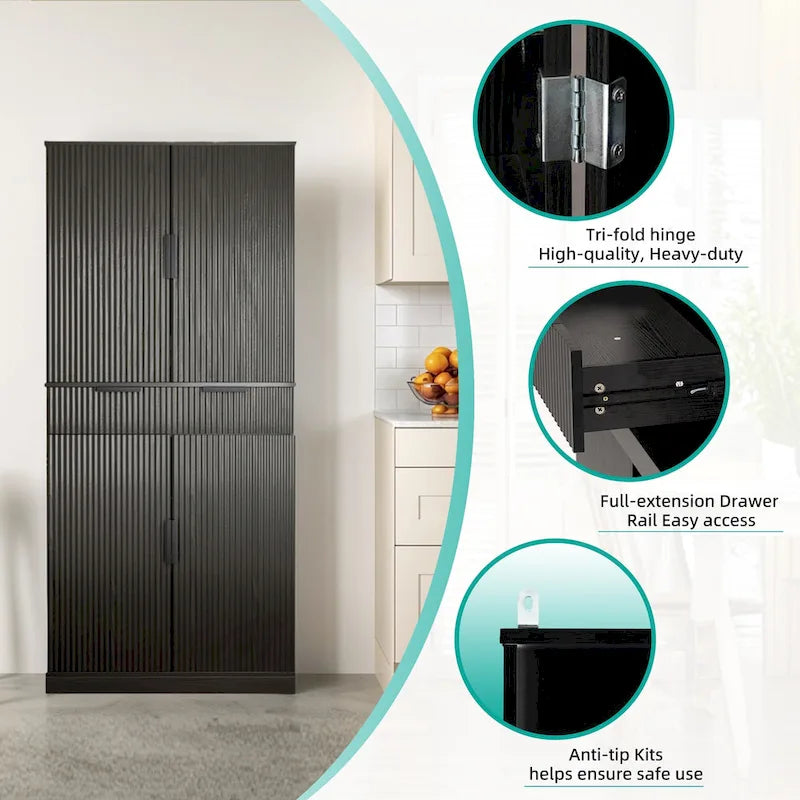 72H Kitchen Pantry Cabinet with 3 Keyboard Drawers,Freestanding Cabinet with 6 Door Shelves Adjustable,Cupboard Storage Cabinet