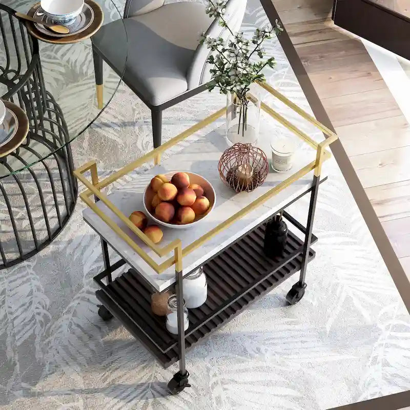 Bouvet Modern White Faux Marble and Slatted 2-Shelf Serving Cart by Furniture of America