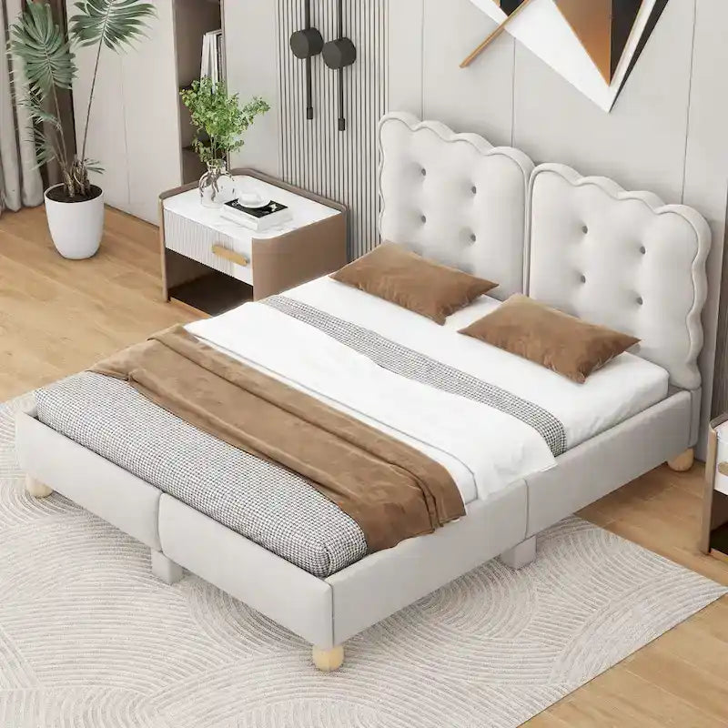 Queen Size Tufted Beige Upholstered Platform Bed