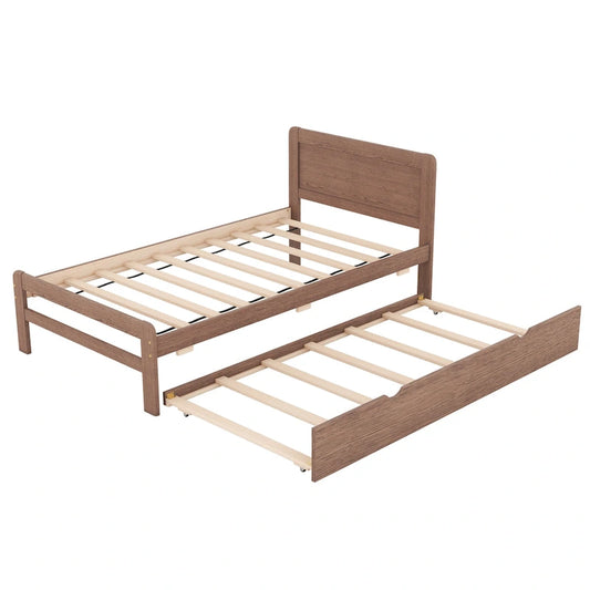 Twin Size Walnut Finish Wood Platform Trundle Bed