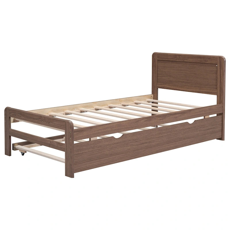 Twin Size Walnut Finish Wood Platform Trundle Bed