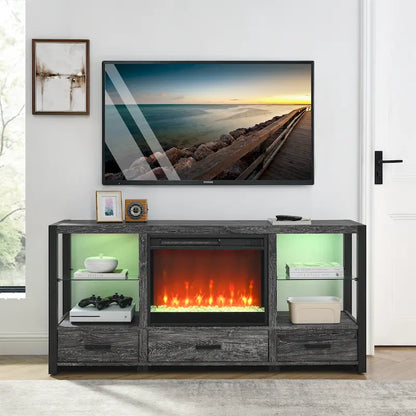 60 Inch Electric Fireplace Media Tv Stand With Sync Colorful Led Lights-Dark Rustic Oak Color
