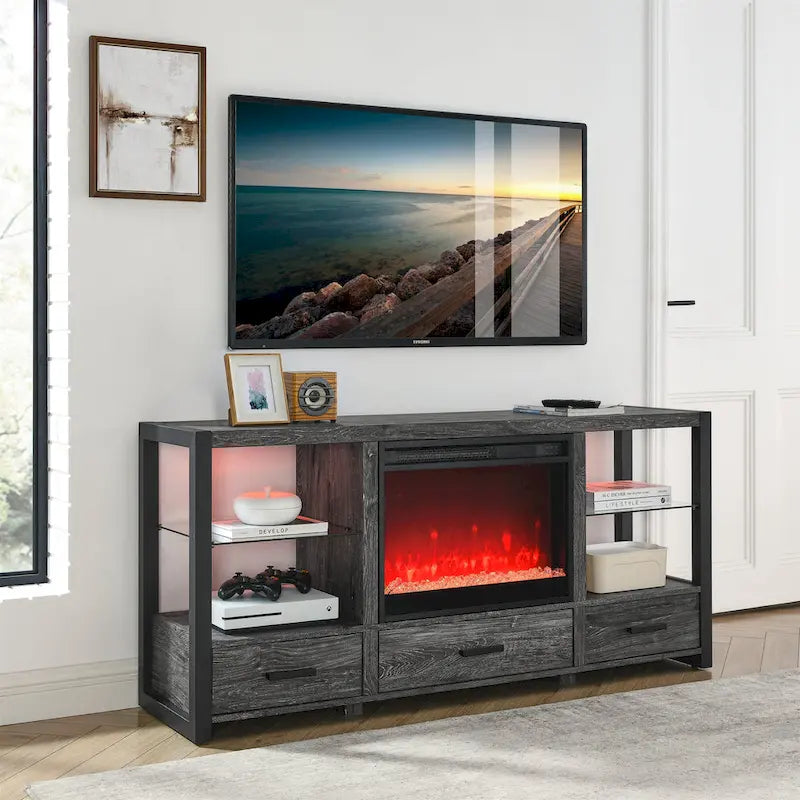 60 Inch Electric Fireplace Media Tv Stand With Sync Colorful Led Lights-Dark Rustic Oak Color
