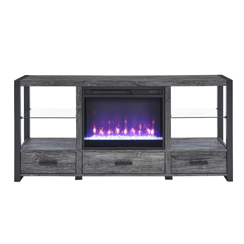 60 Inch Electric Fireplace Media Tv Stand With Sync Colorful Led Lights-Dark Rustic Oak Color