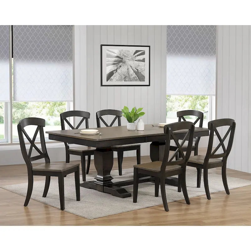 Double Pedestal Transitional Antique Grey X-Back 7-Piece Dining Set