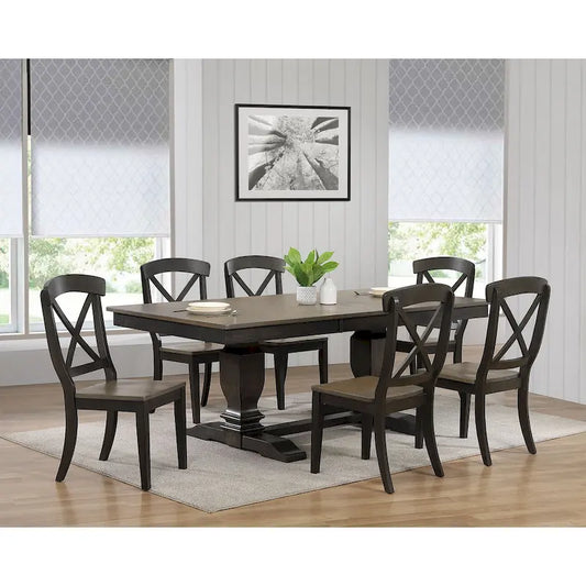 Double Pedestal Transitional Antique Grey X-Back 7-Piece Dining Set
