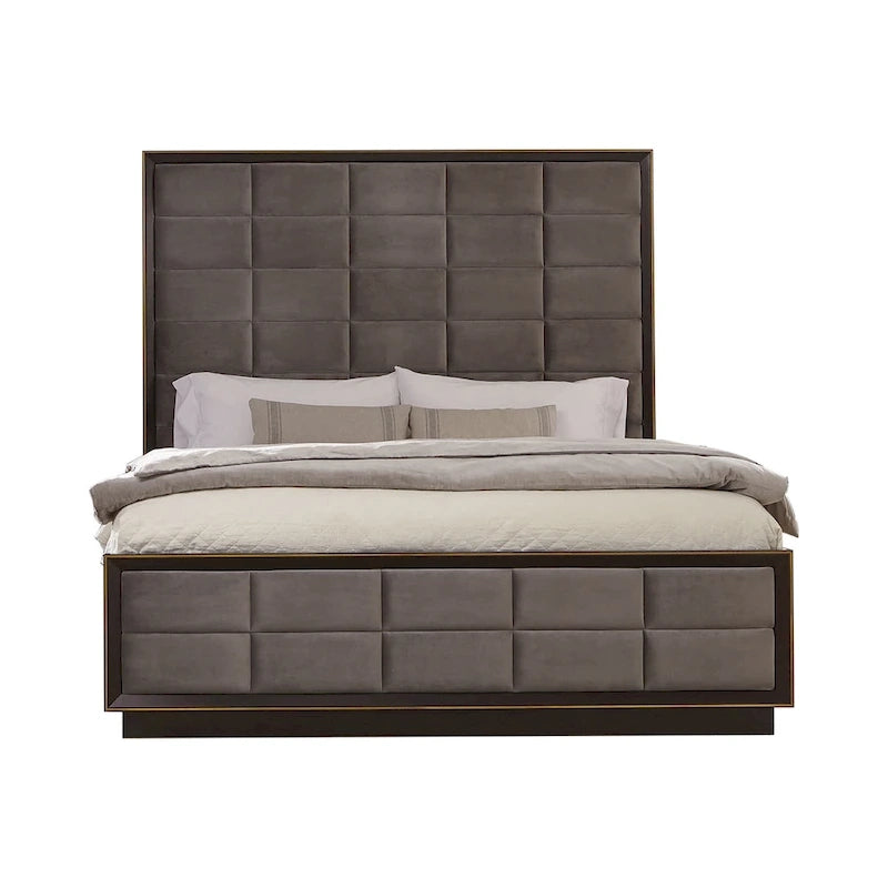 Drea Grey and Smoked Peppercorn Upholstered Panel Bed