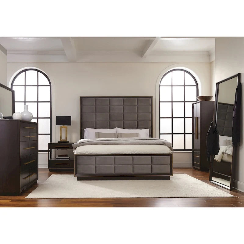 Drea Grey and Smoked Peppercorn Upholstered Panel Bed