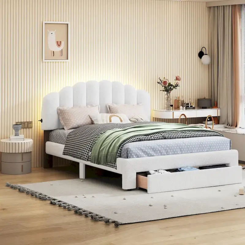 Queen Size Upholstered Platform Bed with Drawer