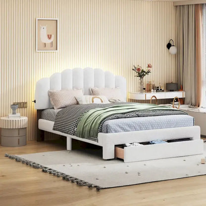 Queen Size Upholstered Platform Bed with Drawer