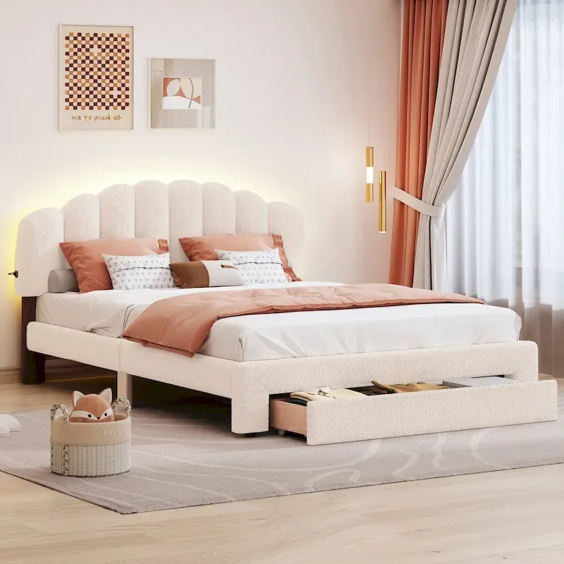 Queen Size Upholstered Platform Bed with Drawer