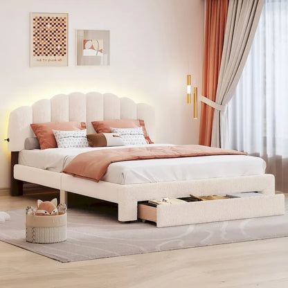 Queen Size Upholstered Platform Bed with Drawer