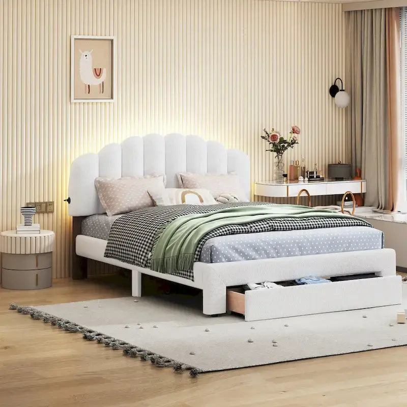 Queen Size Upholstered Platform Bed with Drawer
