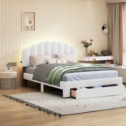 Queen Size Upholstered Platform Bed with Drawer