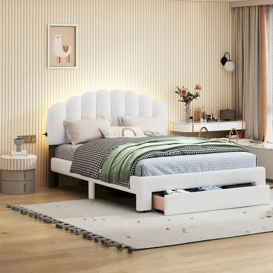 Queen Size Upholstered Platform Bed with Drawer