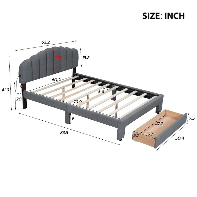 Queen Size Upholstered Platform Bed with Drawer