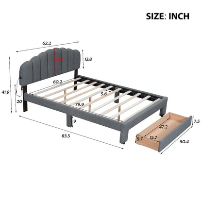 Queen Size Upholstered Platform Bed with Drawer